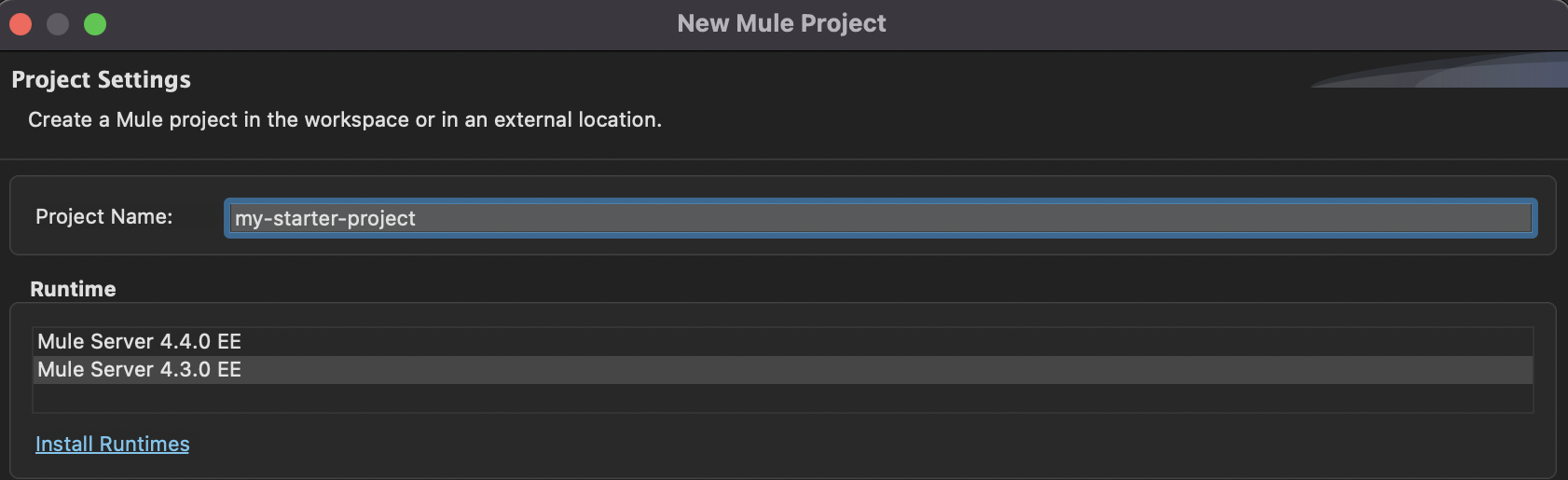 Creating a new project dialog